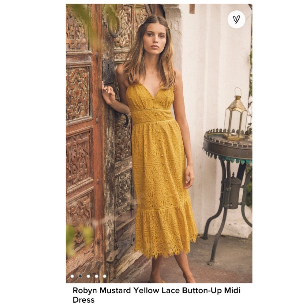 Lulu’s Robyn Mustard yellow lace midi dress